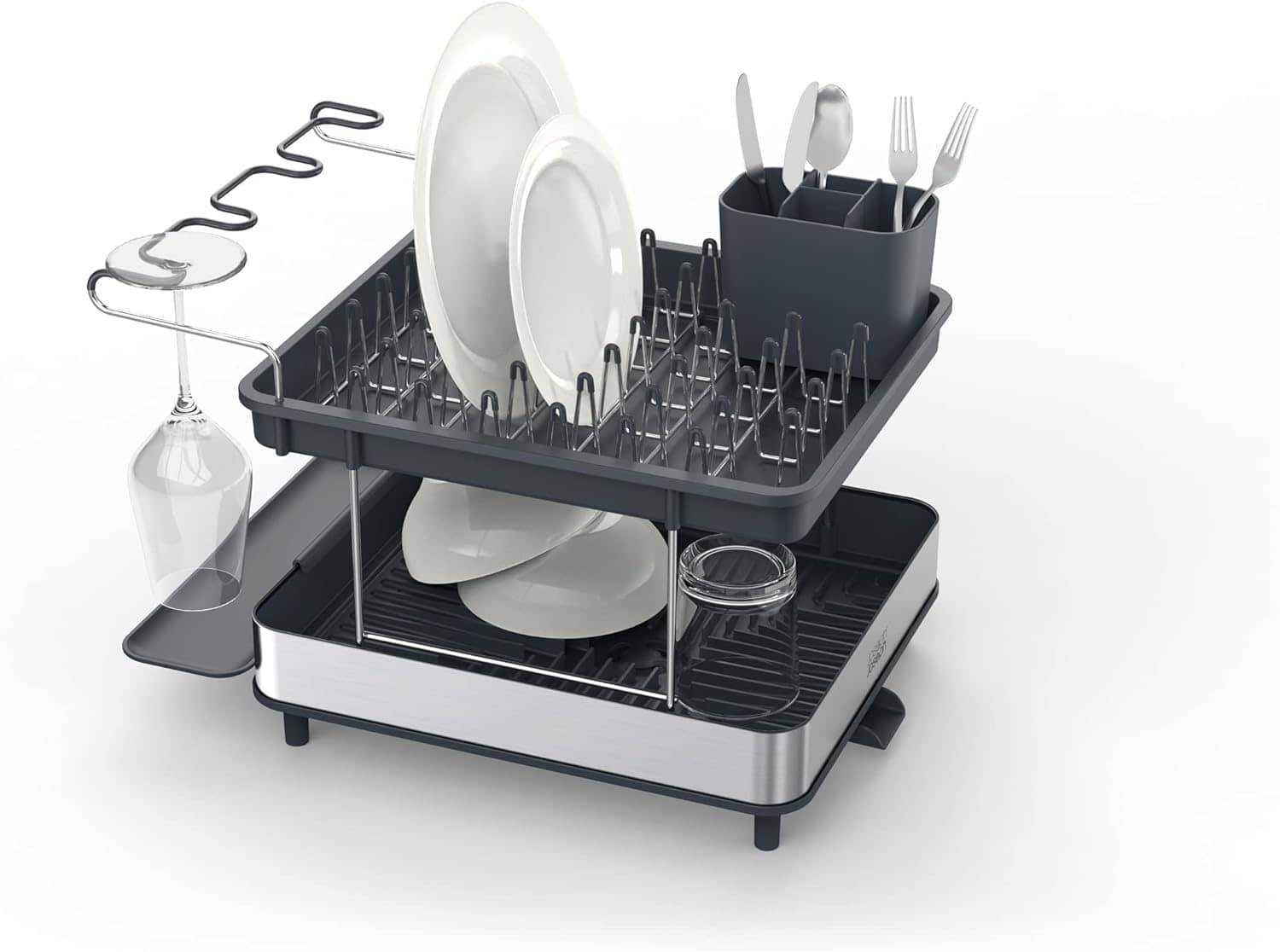 Joseph Joseph Dish Drying Rack with Wine Glass Holder - Space-Saving 2-Tier Design with Fast Draining System