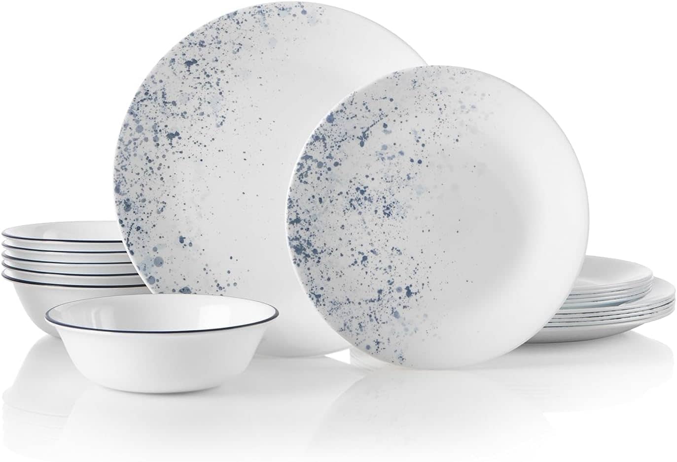Corelle Vitrelle 18-Piece Service for 6 Dinnerware Set Triple Layer Glass and Chip Resistant, Lightweight Round Plates and Bowls Set, Indigo Speckle