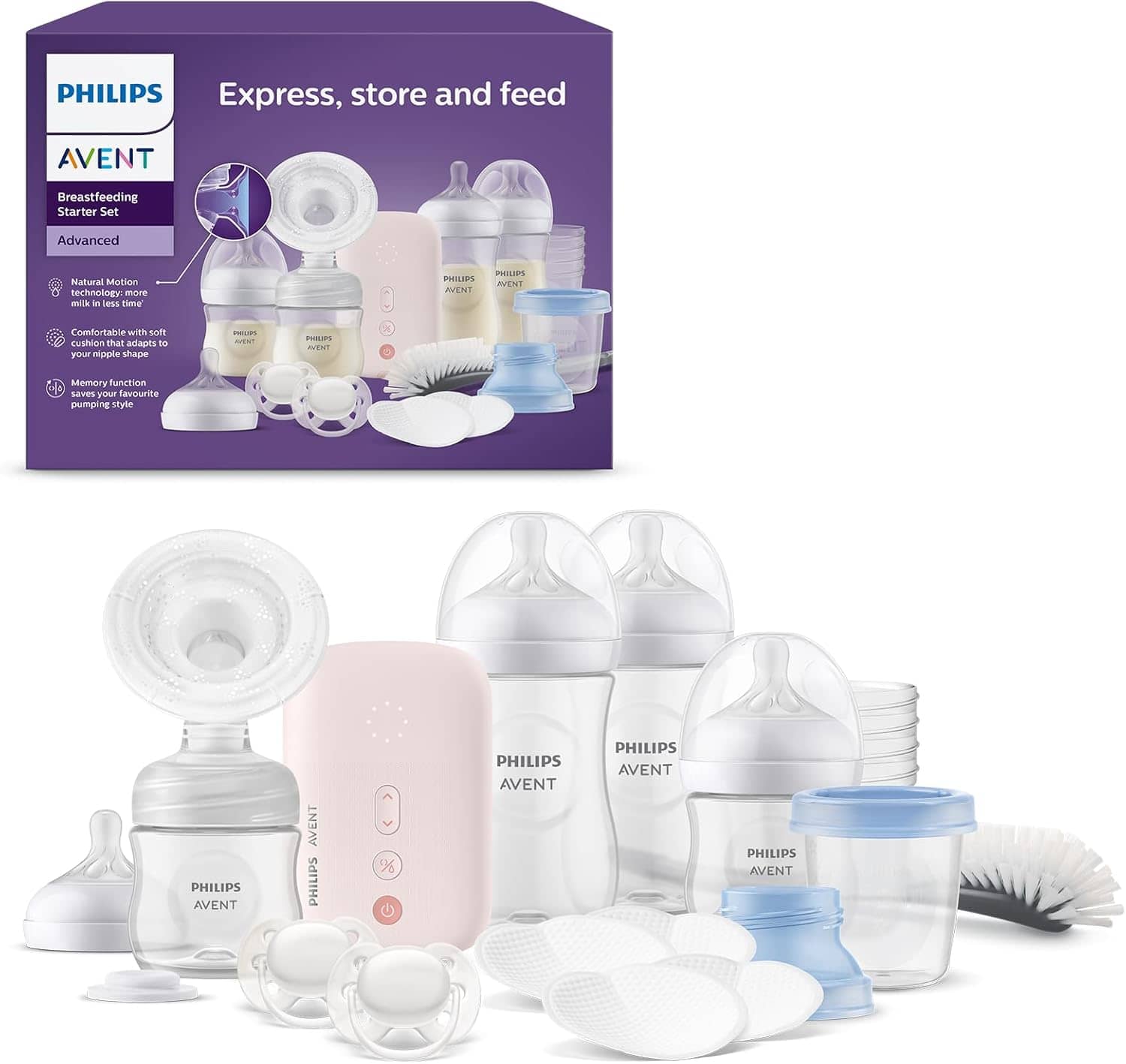 Philips Avent Set regalo con tiralatte elettrico - Tiralatte singolo, biberon, vasetti per la conservazione del latte, ciucci, senza BPA (modello SCD340/31)