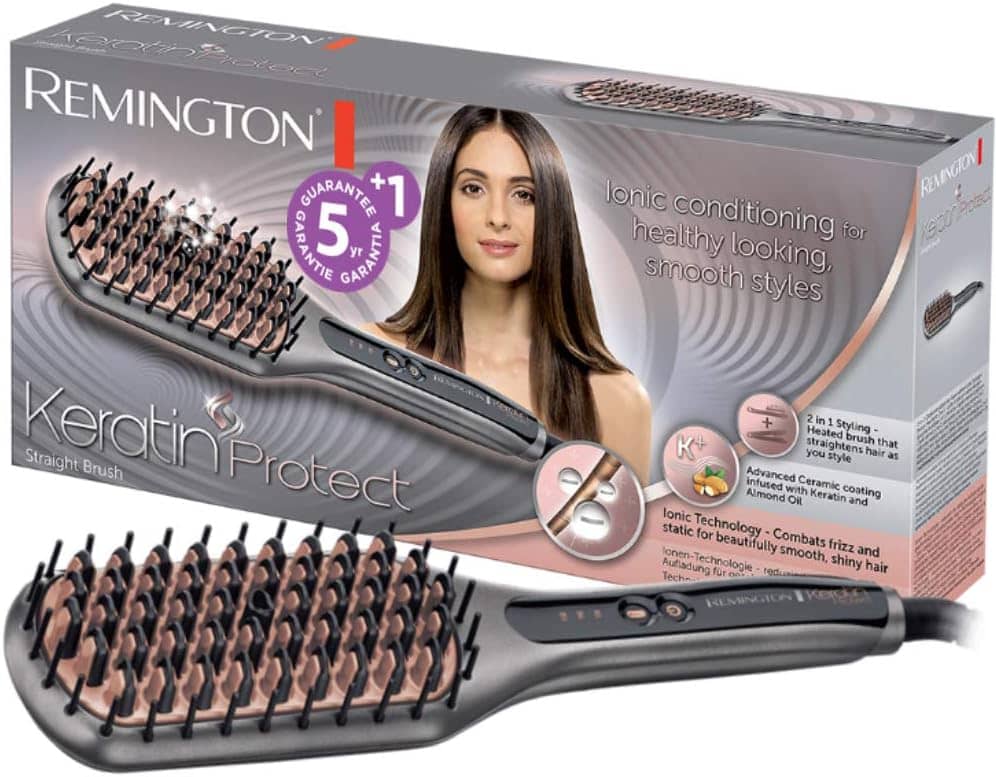 Remington Keratin Protect Straight Straightening Brush, Keratin and Almond Oil, Ionic Generator for Frizz Free Hair, Ceramic, 3 Temperatures up to 230°C, Heating 30s, CB7480
