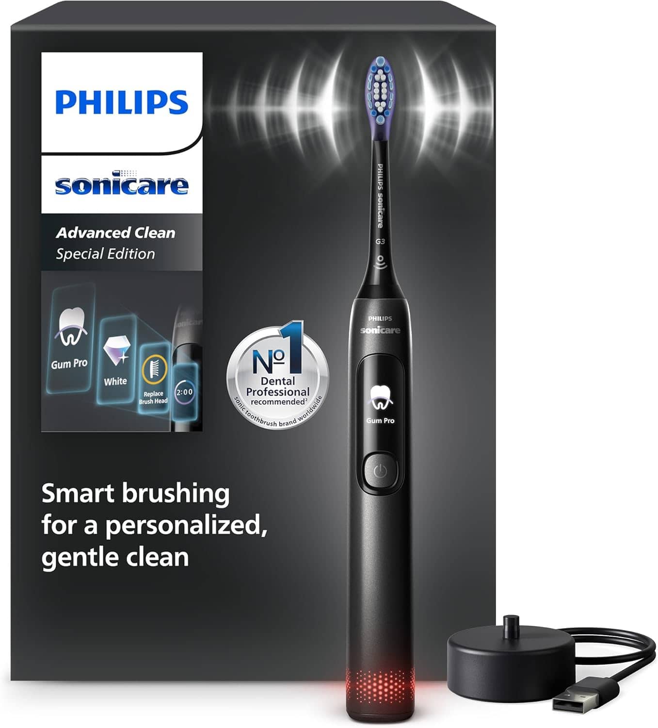 Philips Sonicare AdvancedClean Limited Edition Electric Toothbrush - Smart Screen, Pressure Sensor, Brush Head Replacement, 5 Brushing Modes and SmarTimer, Black, Model HX3792/11