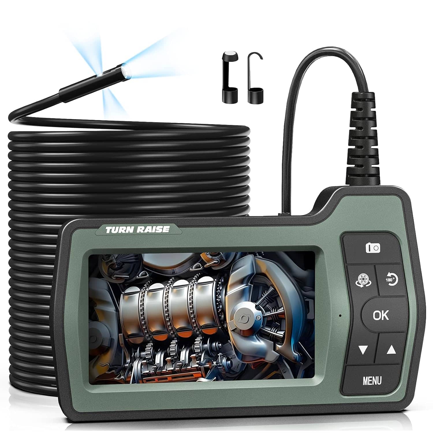 Triple Lens Sewer Camera 50ft | 5" IPS Screen Borescope with Light | 1080P HD Drain Snake Camera for Plumbing Pipe HVAC Inspection Cam + Case Green