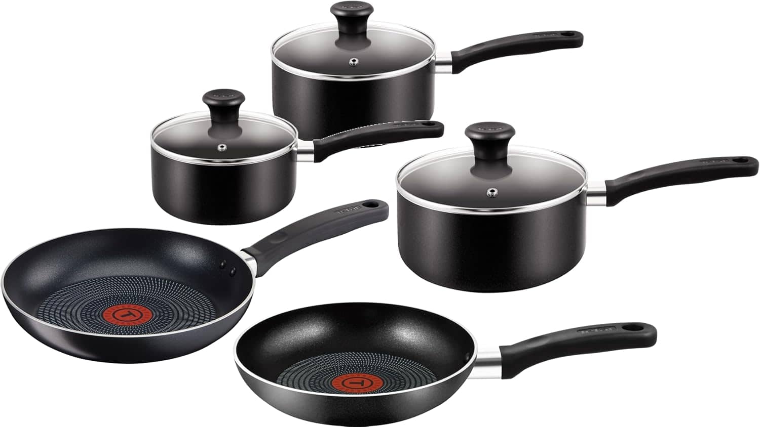 Tefal Essential 5-Piece Non-Stick Cookware Set: 3 Saucepans (16/18/20CM) with Lids, 2 Frying Pans (20/24CM), Compatible with All Hobs Except Induction Black - B472S545