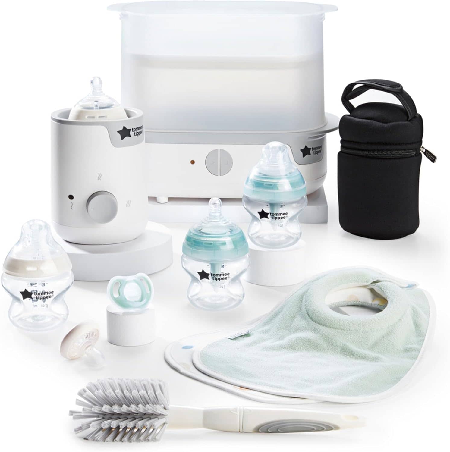 Tommee Tippee Complete Feeding Set, White, with Electric Steam Steriliser, Newborn Self-Sterilising Baby Bottles and Easiwarm Bottle Warmer, Essential for Parents with Newborns