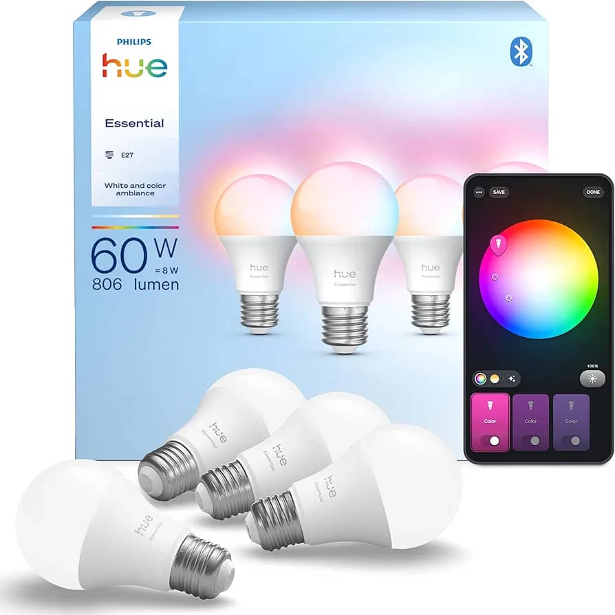 Philips Hue Essential Smart LED A60 Bulb, White and Color Ambiance, E27 Base, 8W, 2200K-6500K, 806 Lumens, Dimmable, Works with Alexa, Google Assistant, and Apple Home, 4 Pack