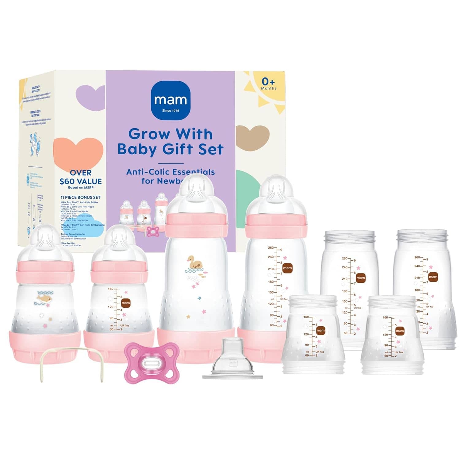 MAM Grow with Baby Feeding Set, Newborn Essentials Must Have for 0-3 Months, Anti-Colic Bottles, Pacifiers and Skinsoft Silicone Nipples, Baby Gift 11 Piece, BPA Free for Girl