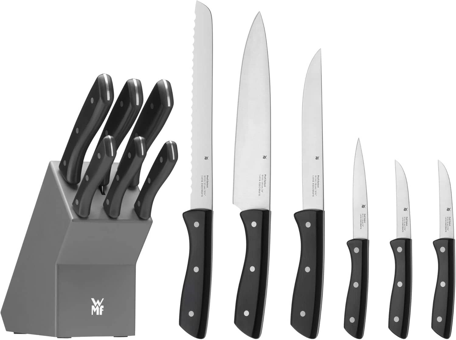 WMF Profi Select – Set of 7 Pieces, 6 Knives with Wooden Stand Lacquered in Grey, Tempered Steel Blade with Long Lasting Edge