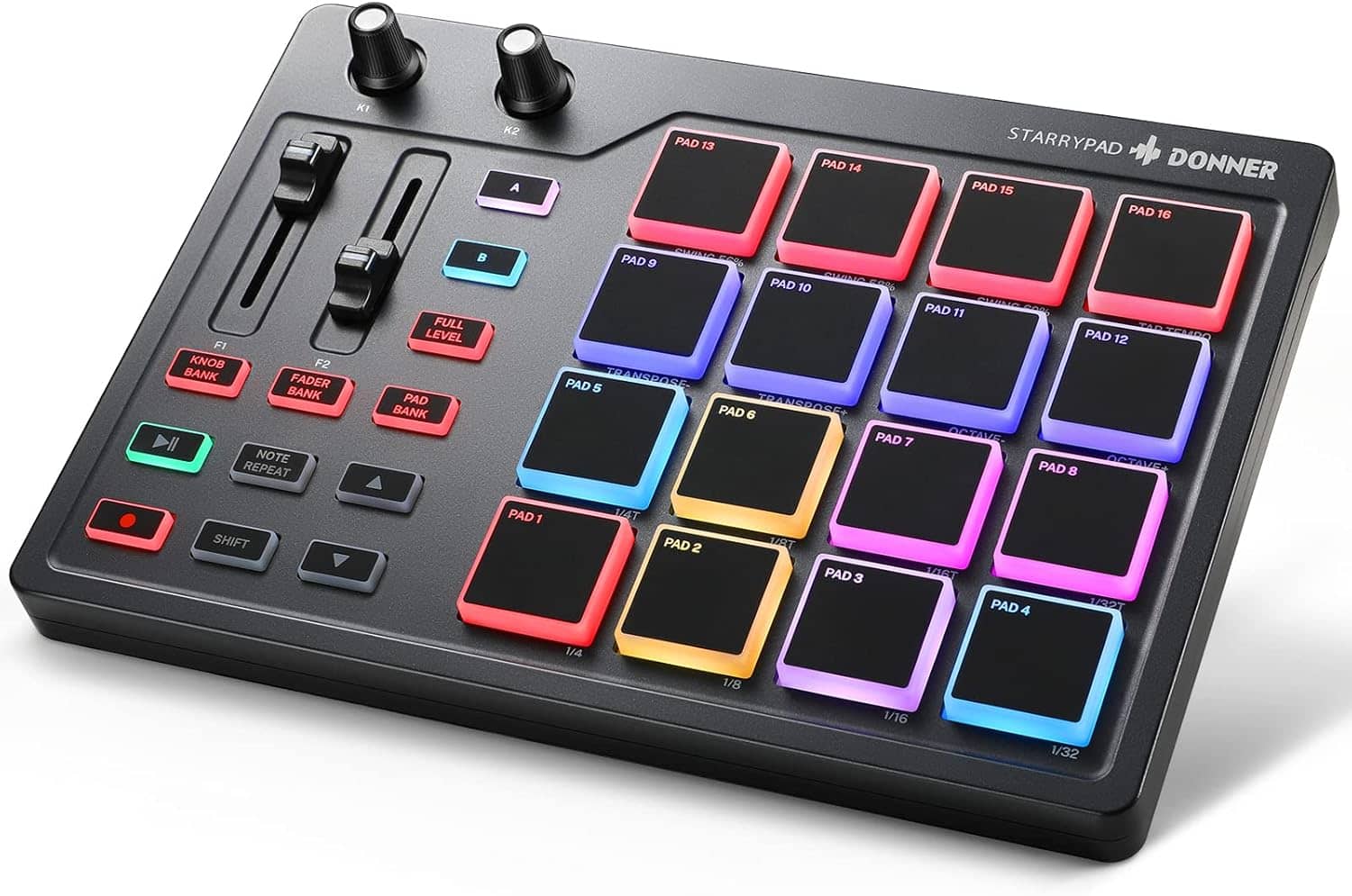 Donner MIDI Pad Controller Keyboard USB Type-C, Professional Drum Pad Machine Beat Maker with 16 Pads, MIDI out, 2 Assignable Fader and Knobs (STARRYPAD MINI, Black)
