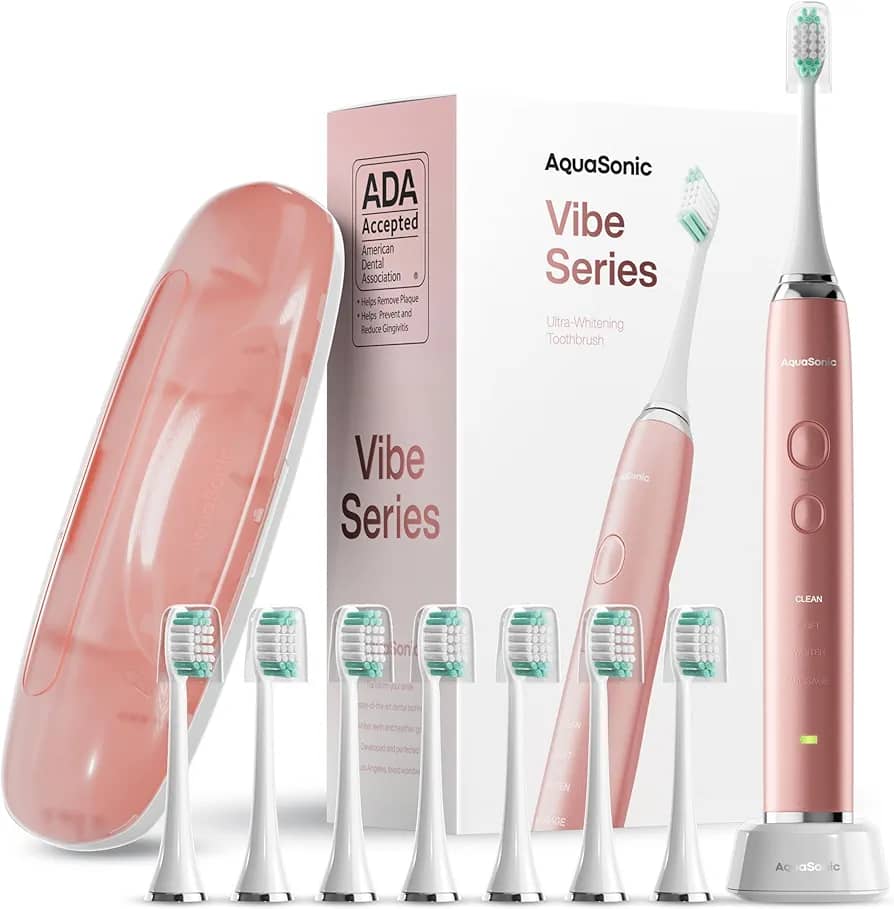 Aquasonic Vibe Series Ultra-Whitening Toothbrush – ADA Accepted Electric Toothbrush - 8 Brush Heads & Travel Case – 40,000 VPM Motor & Wireless Charging - 4 Modes w Smart Timer – Satin Rose Gold