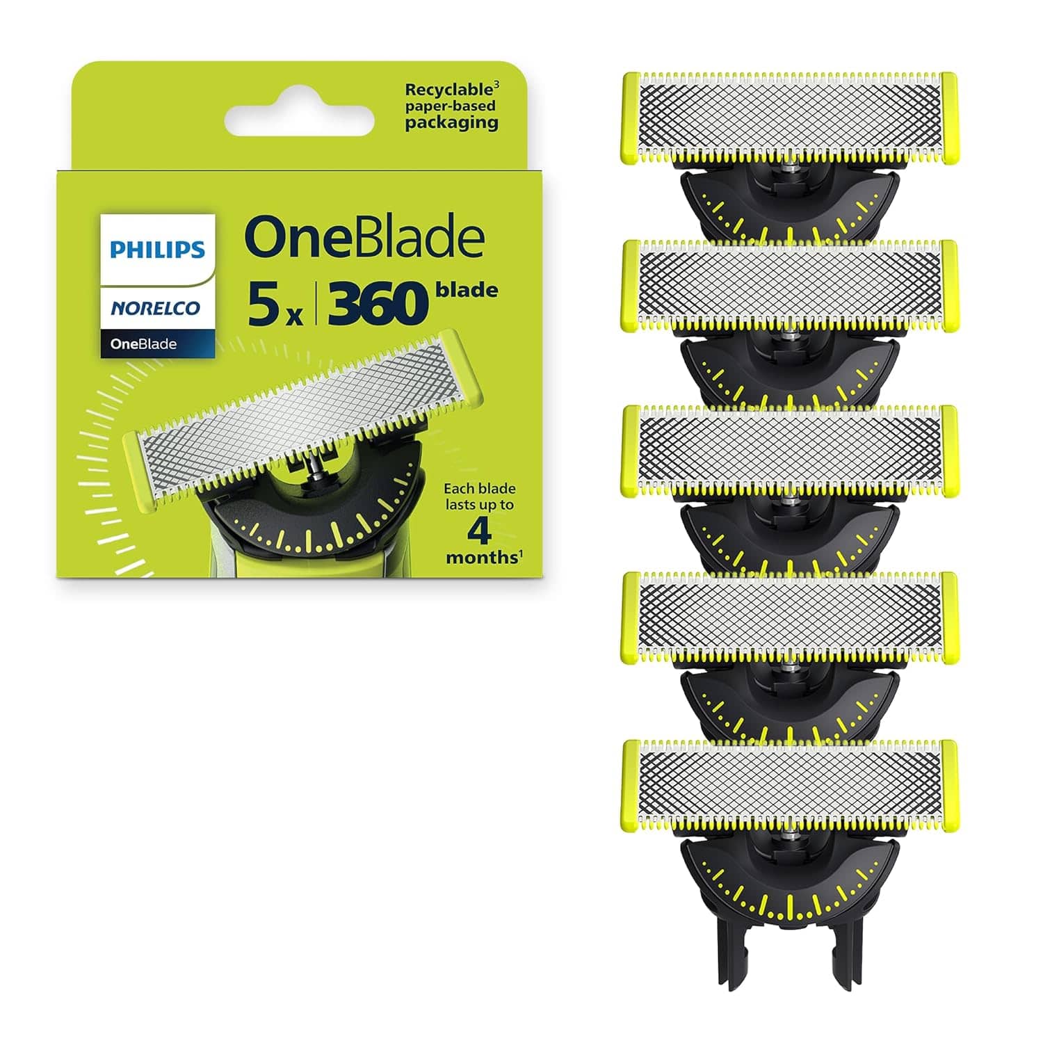 Philips Norelco OneBlade 360 Blades, Genuine Replacement Blades for OneBlade Electric Shaver and Trimmer, Durable Stainless Steel, 5 Pack, QP450/80