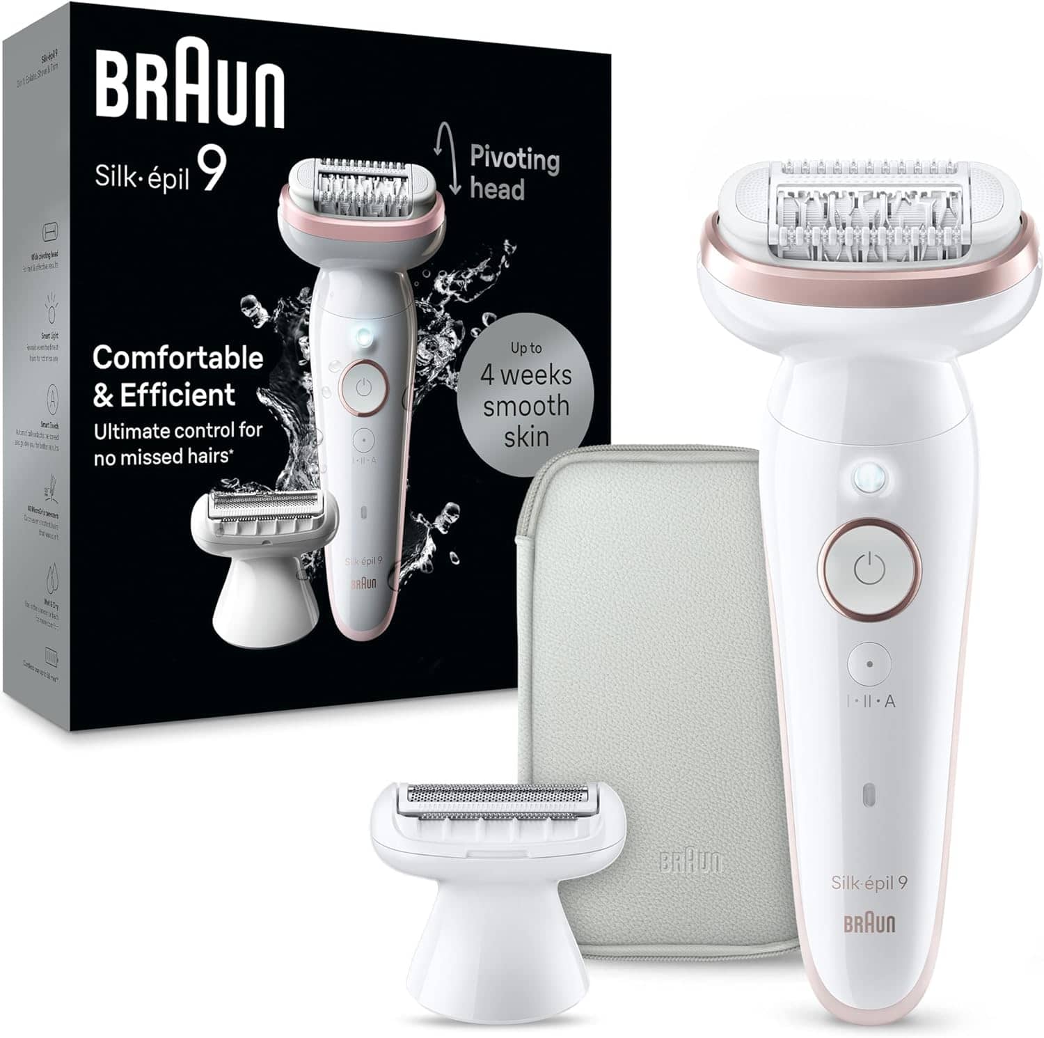 Braun Silk-épil 9 Women's Epilator, Swivelling Head for Easy Hair Removal, Wet & Dry, Long-Lasting Silky Smooth Skin, Ladyshaver, Shaving Attachment and Trimmer Attachment, SES9-030, White, Pink