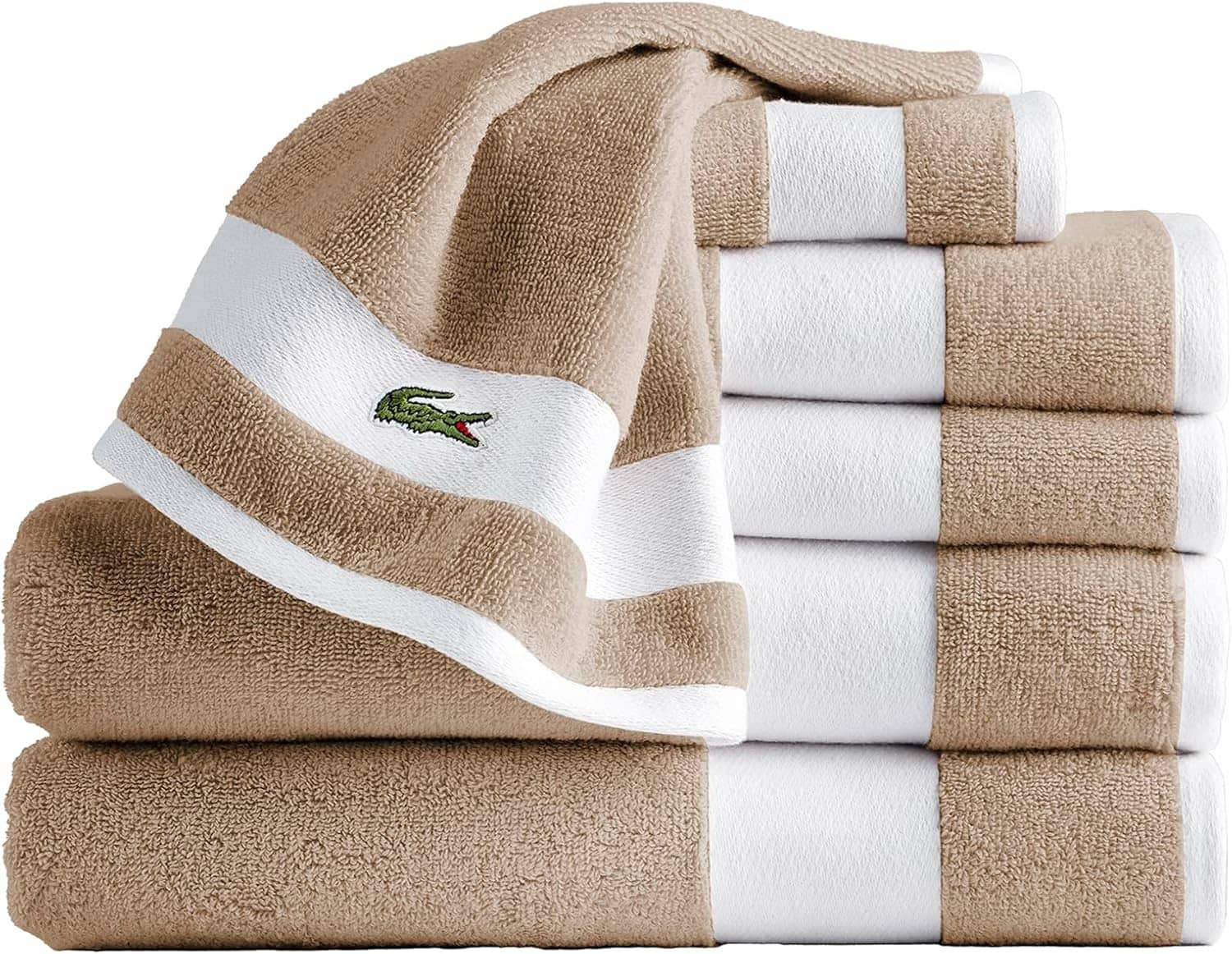 Lacoste Sport Stripe 6-Piece Luxury Cotton Towel Set – Made with 100% Soft Supima Cotton, Absorbent & Quick-Drying, Includes 2 Bath Towels, 2 Hand Towels, 2 Washcloths, Sand