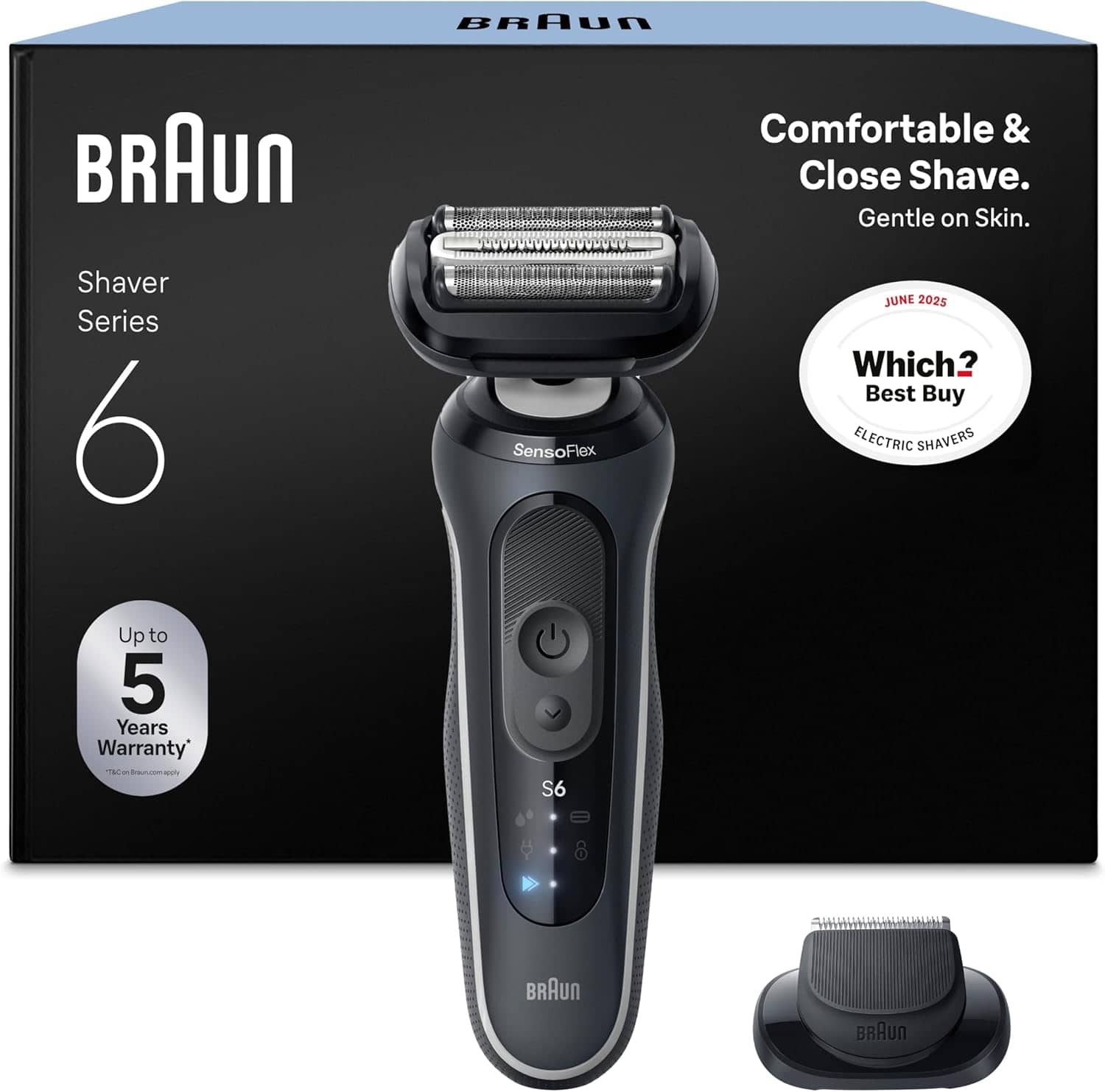 Braun Series 6 Electric Shaver, Up to 60 min, Wet & Dry Razor for Men with Precision Trimmer Attachment, Cordless, 100% Waterproof, 62-G1200SI, Grey