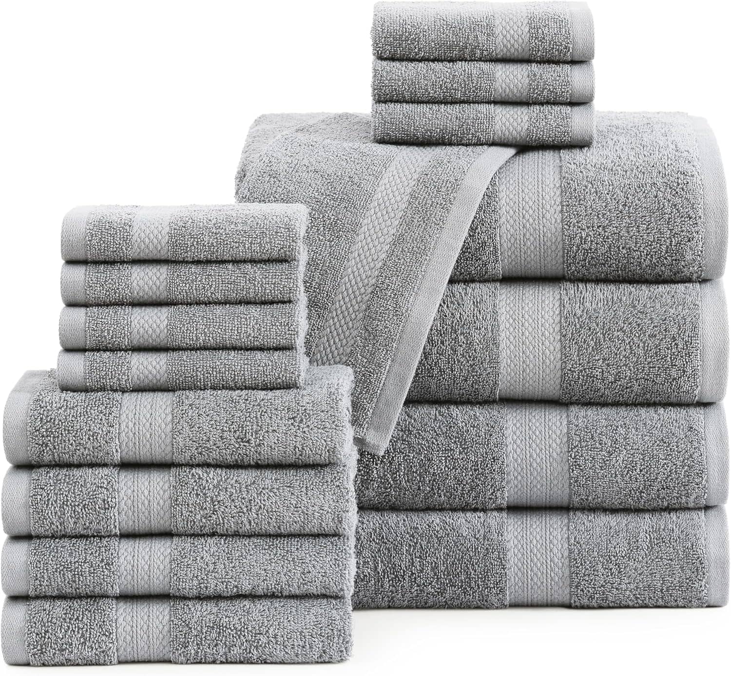 LANE LINEN 100% Cotton Luxury Bathroom Towel Set - 16 Pcs - Ring Spun, Quick Dry, Super Soft & Highly Absorbent - 4 Bath, 8 Washcloths, 4 Hand Towels - Pre Shrunk, Can be Used in Salon - Space Grey