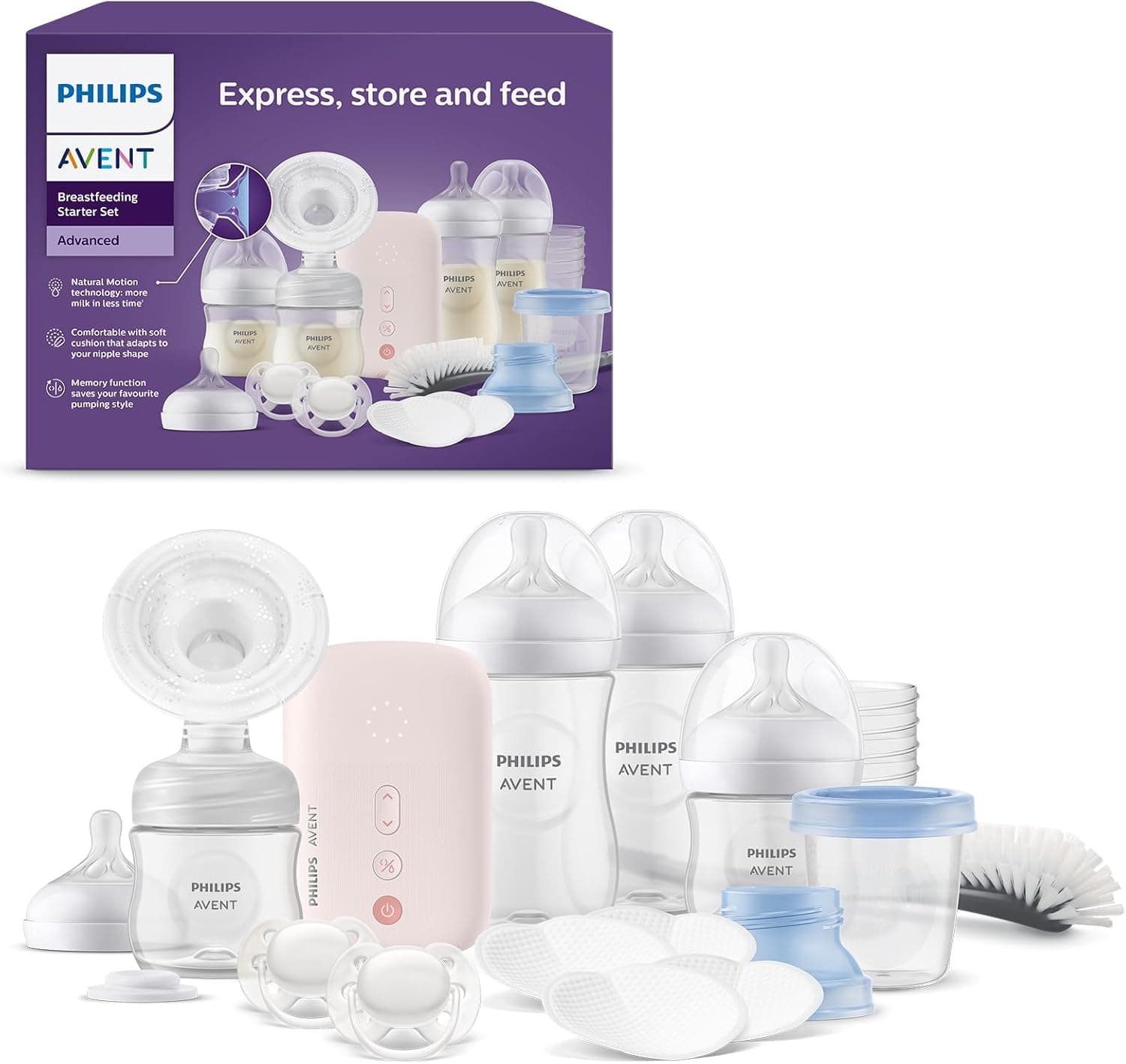 Philips Avent Set regalo con tiralatte elettrico - Tiralatte singolo, biberon, vasetti per la conservazione del latte, ciucci, senza BPA (modello SCD340/31)