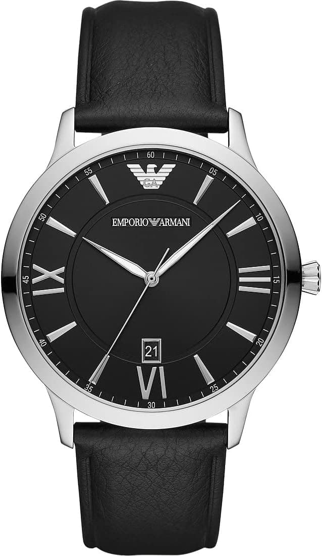 Emporio Armani Watch for Men, Quartz Three Hand Date Movement and 43mm Case Size with Leather Strap