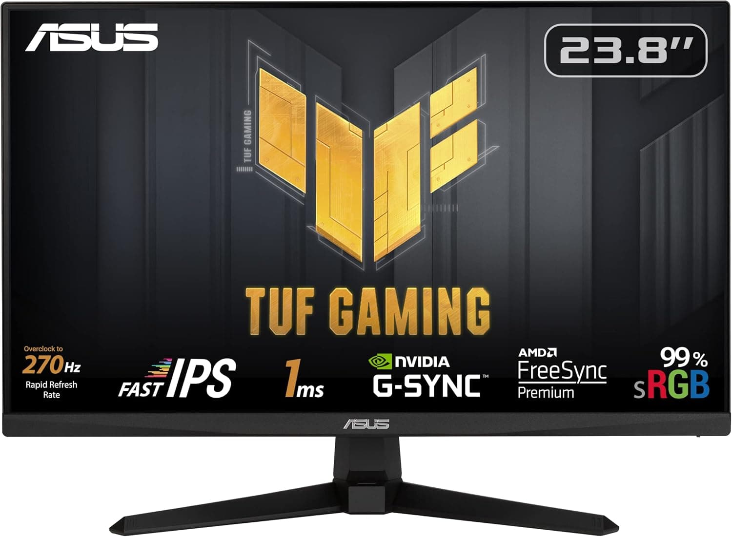 ASUS TUF Gaming VG249QM1A Gaming Monitor – 24 inch FHD (1920x1080), Fast IPS, overclocking 270 Hz (Above 144Hz, 240Hz), Extreme Low Motion Blur, 1ms (GTG), 99% sRGB, FreeSync Premium G-Sync c