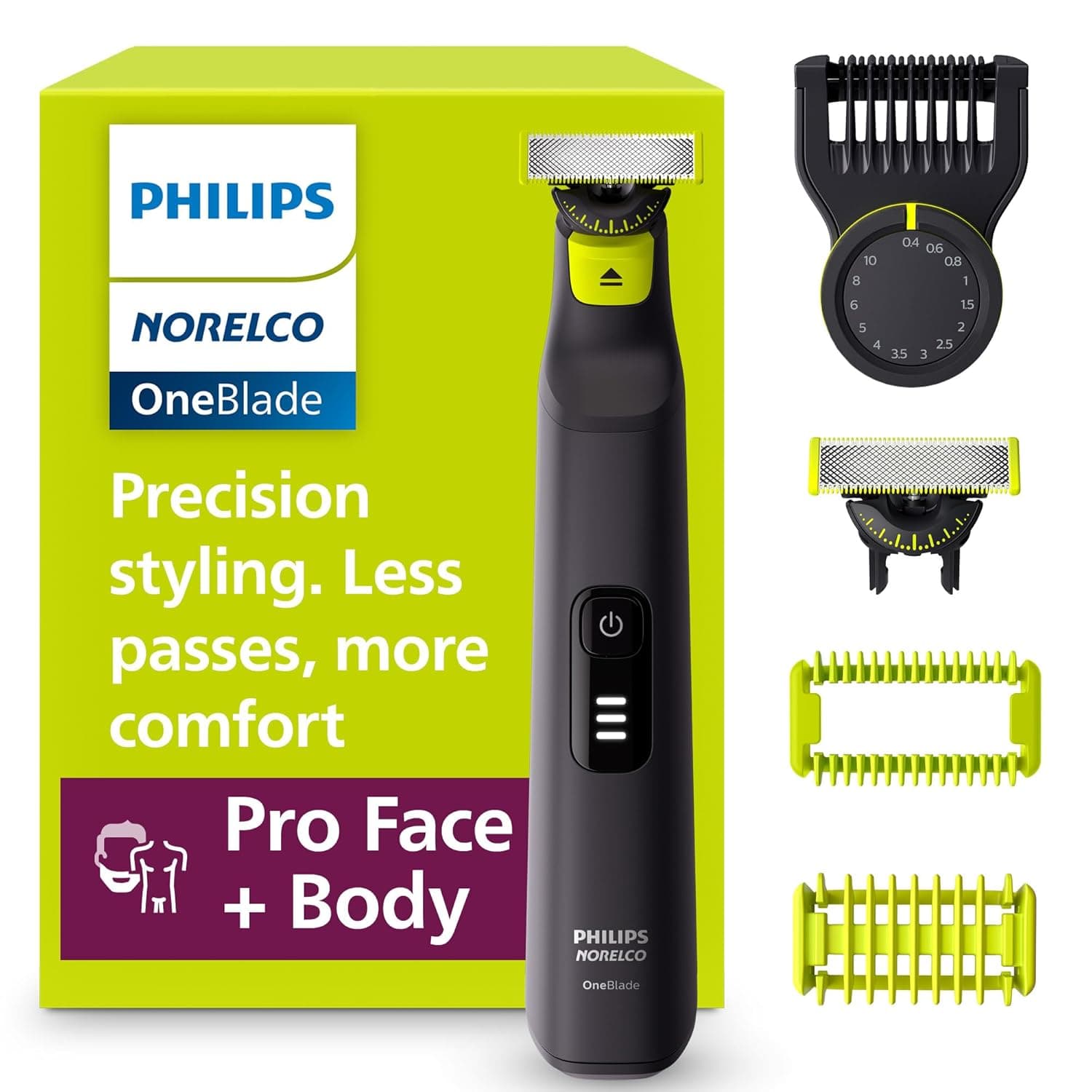 Philips Norelco OneBlade Pro 360 Face + Body, Electric Shaver, Beard Trimmer and Body Groomer, with 360 Blade Technology, 14-Length Precision Comb, Body Kit, Soft Pouch, Model QP6542/70