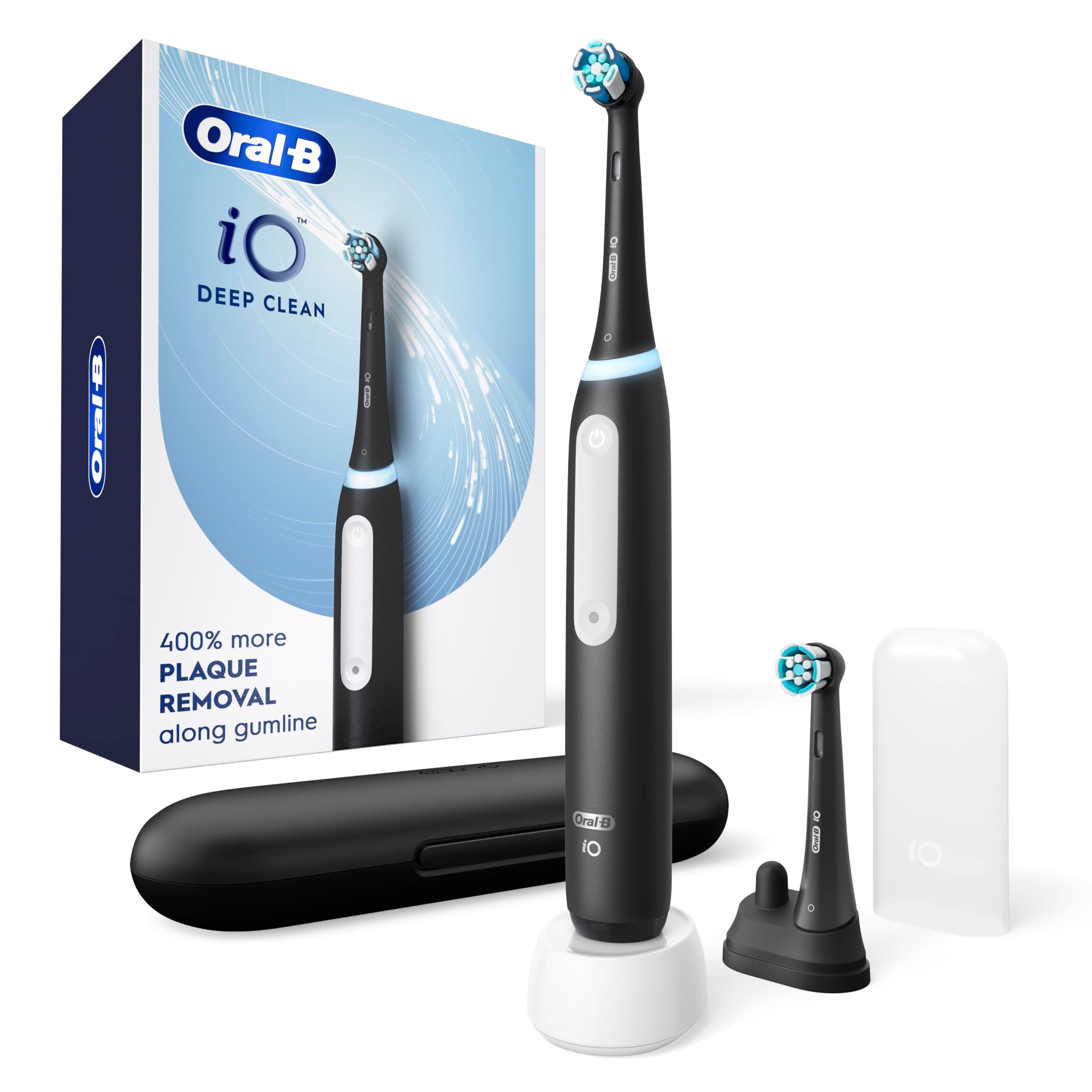 Oral-B iO Deep Clean Rechargeable Electric Powered Toothbrush, Black with iO Series 3 Limited, 2 Brush Heads and Travel Case - Pressure Sensor to Protect Gums - 3 Cleaning Settings - 2 Minute