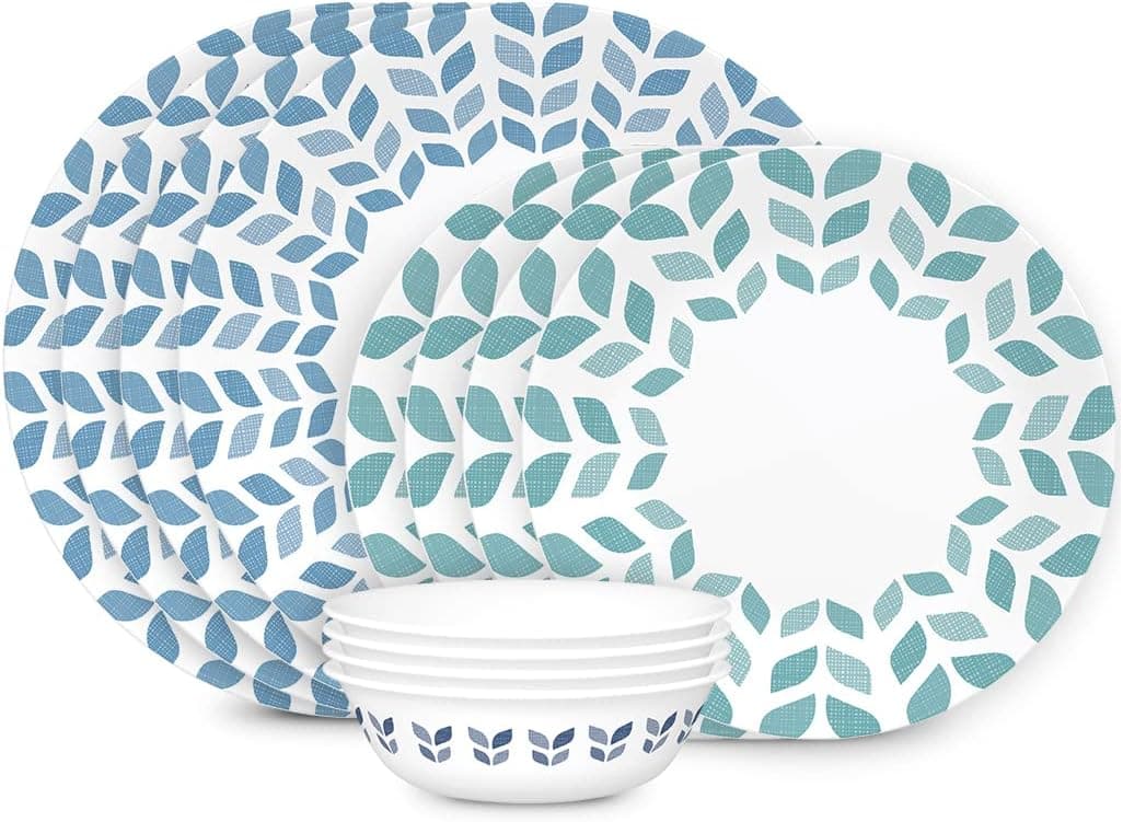Corelle Vitrelle Glass Dinnerware Set, Chip & Crack Resistant Triple Layer Glass, 12-PC Dinnerware Set, Northern Pines