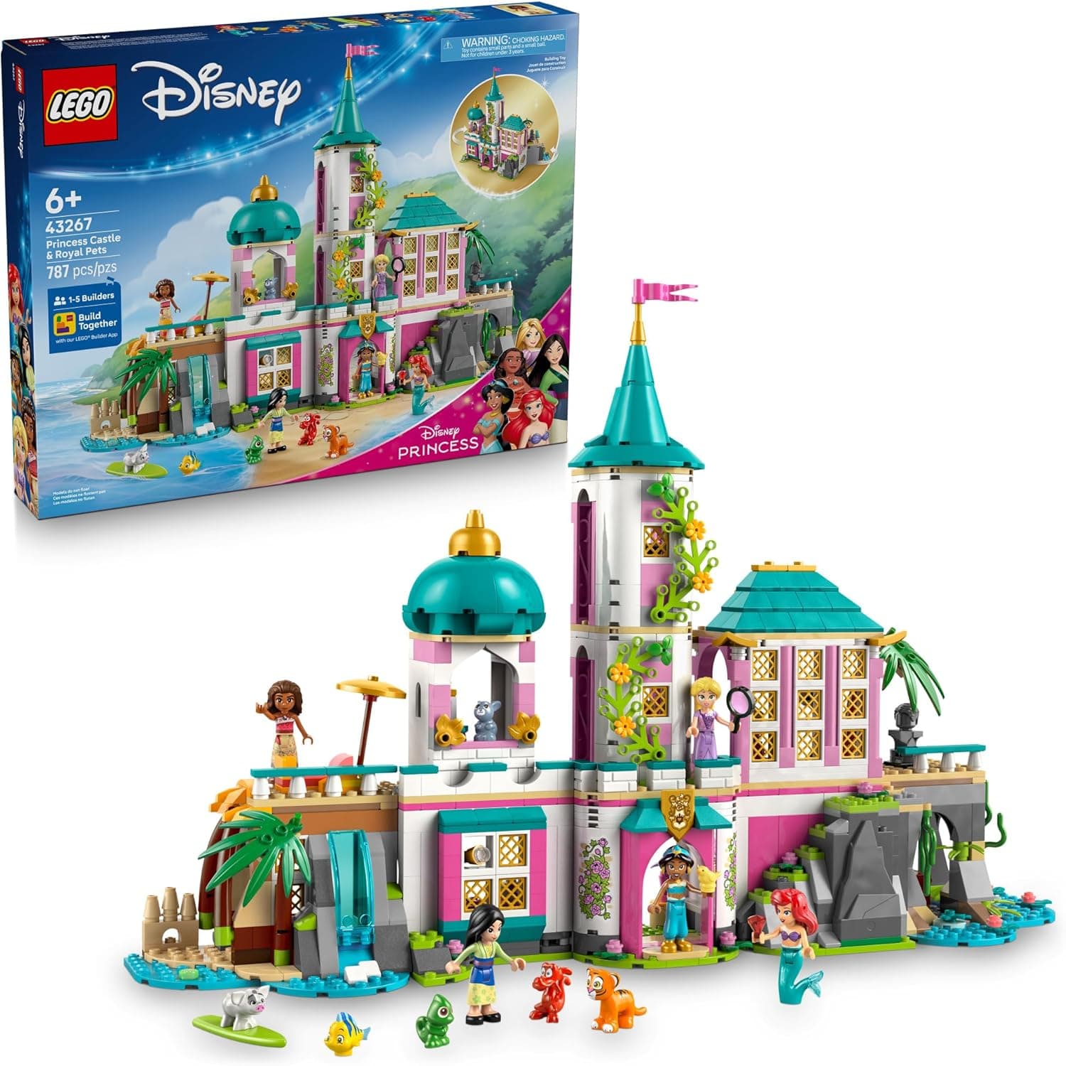 LEGO Disney Princess Castle &amp;amp; Royal Pets Kids Toy - Pretend Play Building Set for Girls and Boys, Ages 6+ - Includes Ariel, Rapunzel, Jasmine, Moana, and Mulan - Gift Idea for Birthda