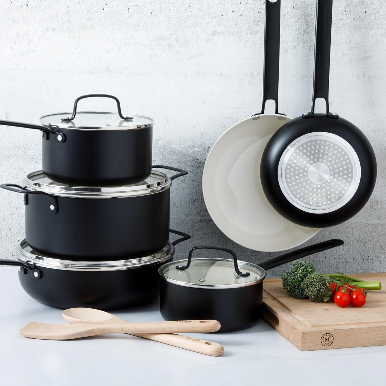 Martha Stewart Emmeline Premium Nonstick PFA Free Ceramic Interior 12 Piece Heavy Gauge Enamel Aluminum Pots and Pans Cookware Set -Black