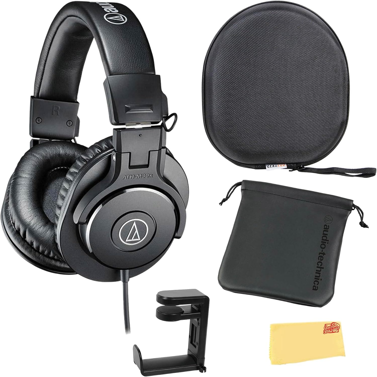 Audio-Technica ATH-M30x Professional Monitor Headphones - Black Bundle with Case, Stand, Pouch, and Austin Bazaar Polishing Cloth