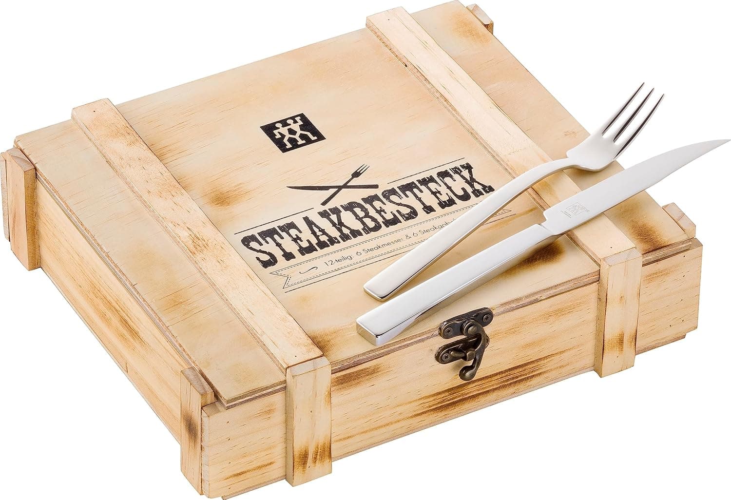Zwilling 07150-359-0 Steak Cutlery Set in Rustic Wooden Box, Stainless Steel, 12 Pieces.