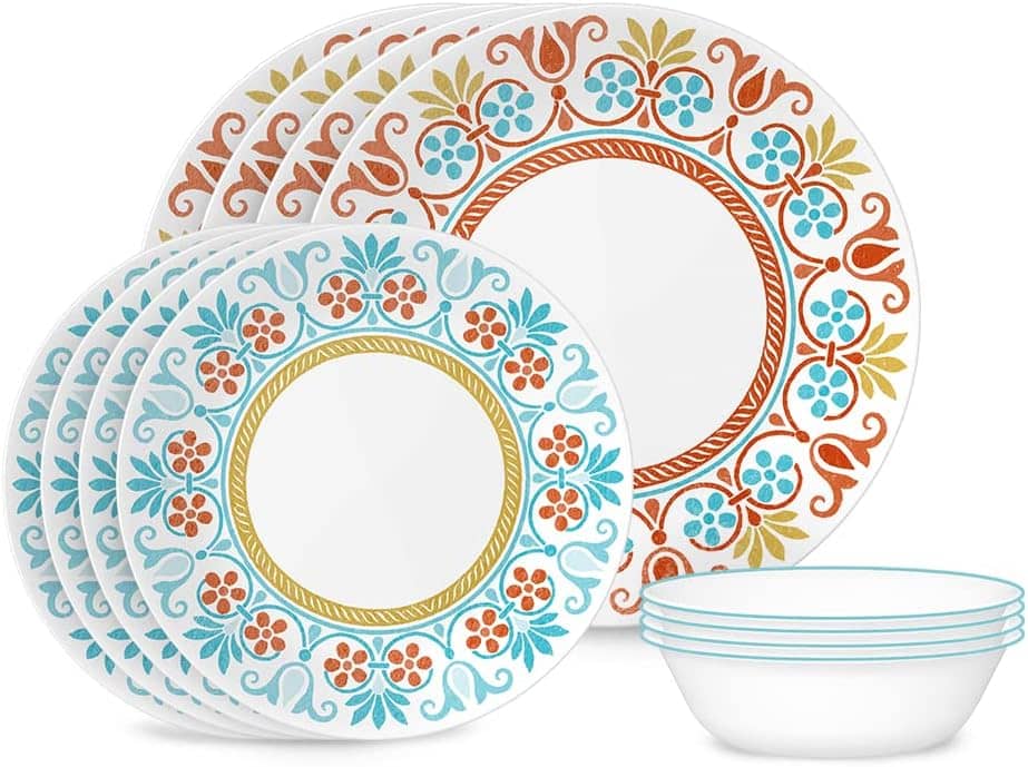 Corelle Global Collection Vitrelle 12-Piece Dinnerware Set, Triple Layer Recycled Glass, Lightweight Eco-Friendly Round Plates and Bowls Set, Terracotta Dreams