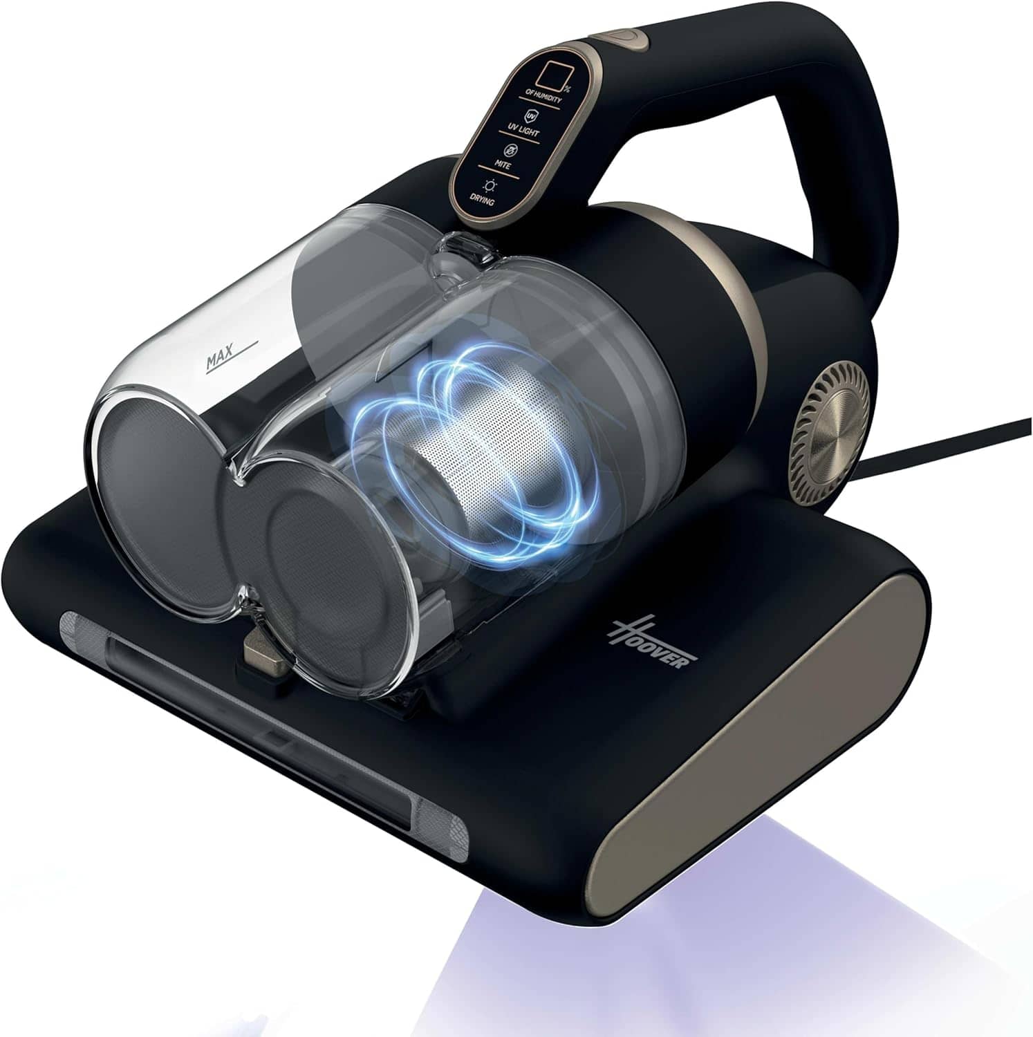 Hoover HMC520 Mattress Vacuum Cleaner with UV Light - 4 in 1 Handheld Dust Mite Vacuum Cleaner for beds and sofas - Dust Sensor, Mite Removal, UV-C Light, Black & Gold