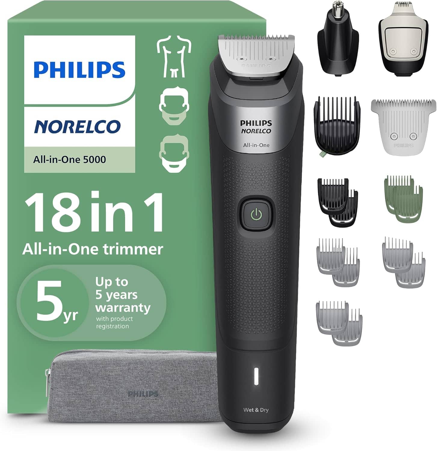Philips Norelco All-in-One 18-Piece Trimmer 5000 Series - Shaver and Clipper for Face, Hair & Body, Self-sharpening Titanium Coated Blades, 16 Length Settings (0.5-16 mm), Wide Hair Clipper, MG5970/49